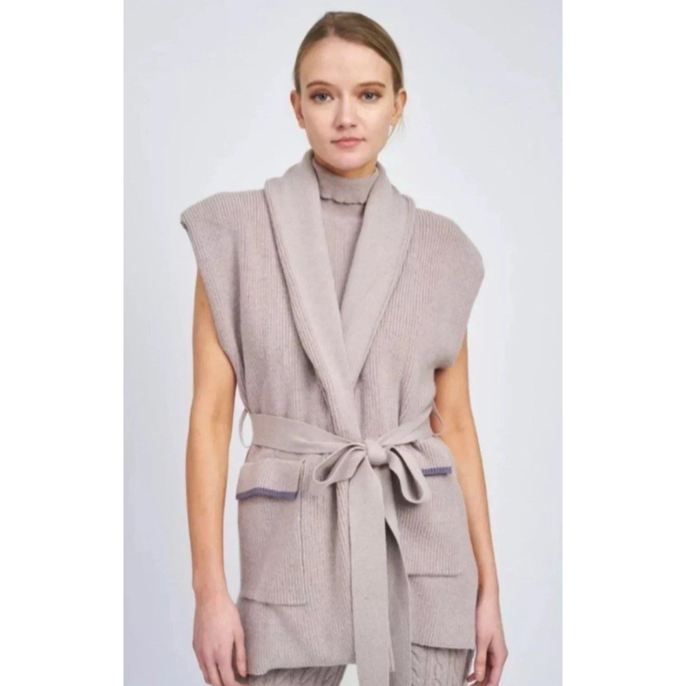 En Saison Women S‎ Nell Knit Cardigan Sleeveless Waist Tie Pockets Gray New